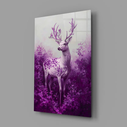 Angled perspective of purple and white deer glass wall art displaying floral antlers and spotted coat against gradient purple background.