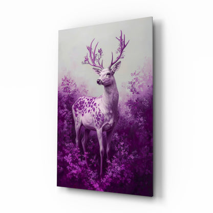 Three-quarter angled view of purple and white deer glass wall art with floral antlers surrounded by purple flowers on gradient background.