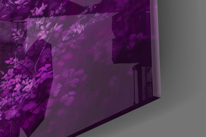Purple deer silhouette glass wall art casting detailed floral shadows on interior wall surface.