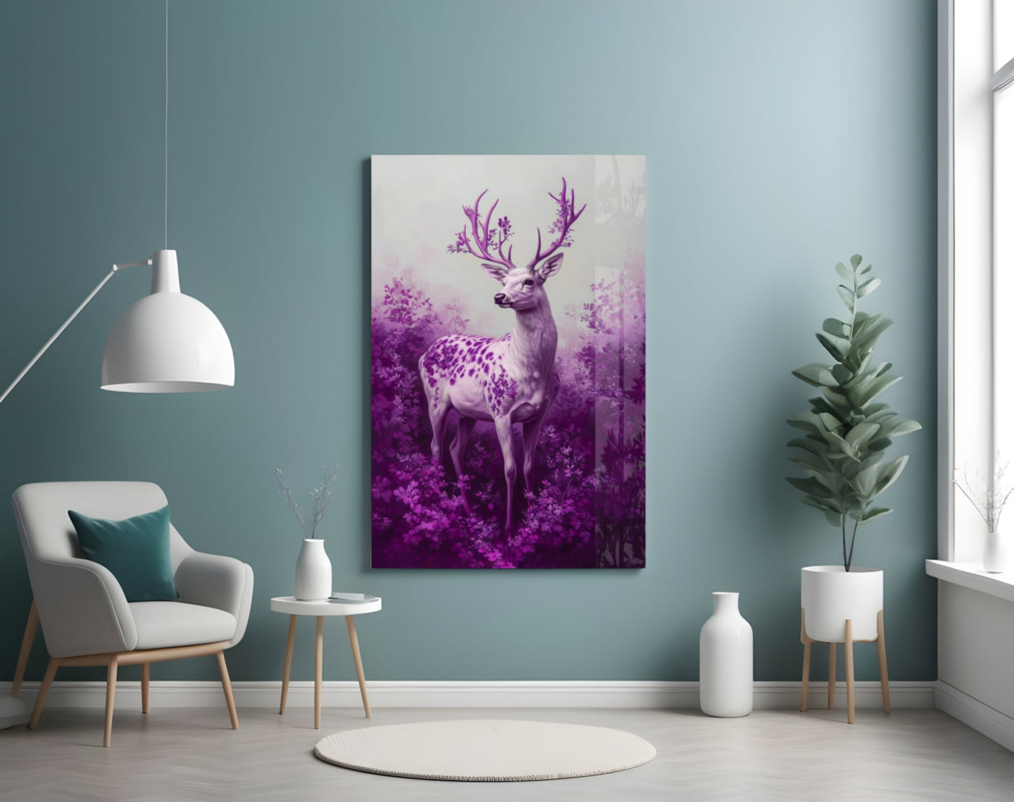 Purple deer glass wall art hanging on teal wall above white chair in modern living room setting.