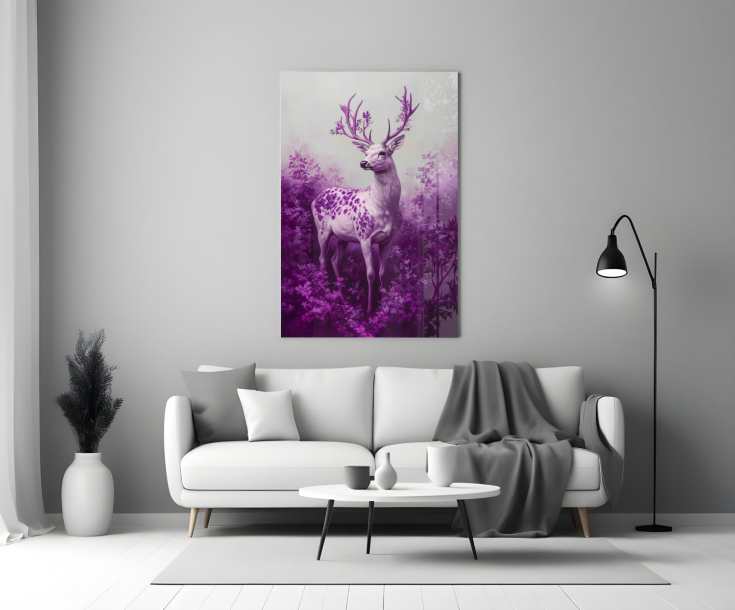 Purple deer glass wall art displayed above a white sofa in a minimalist living room setting.