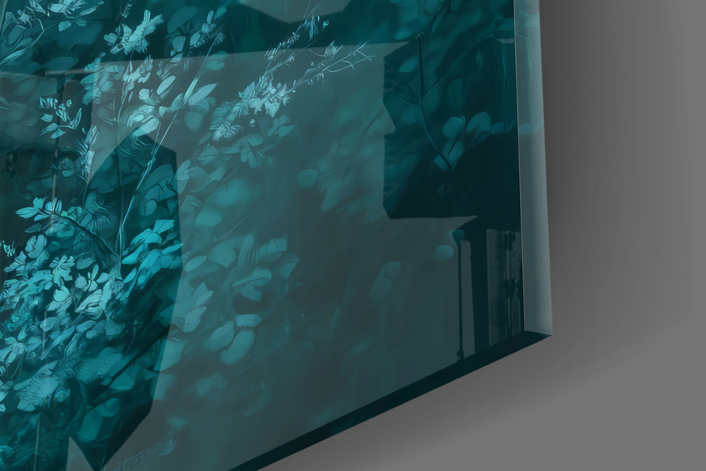 Angled view of frosted turquoise glass panel featuring etched botanical and deer silhouettes casting shadows on white wall.