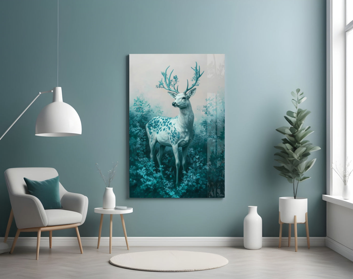 Mint Deer Glass Wall Art displayed on a teal bedroom wall above a white chair with potted plants and pendant lighting.