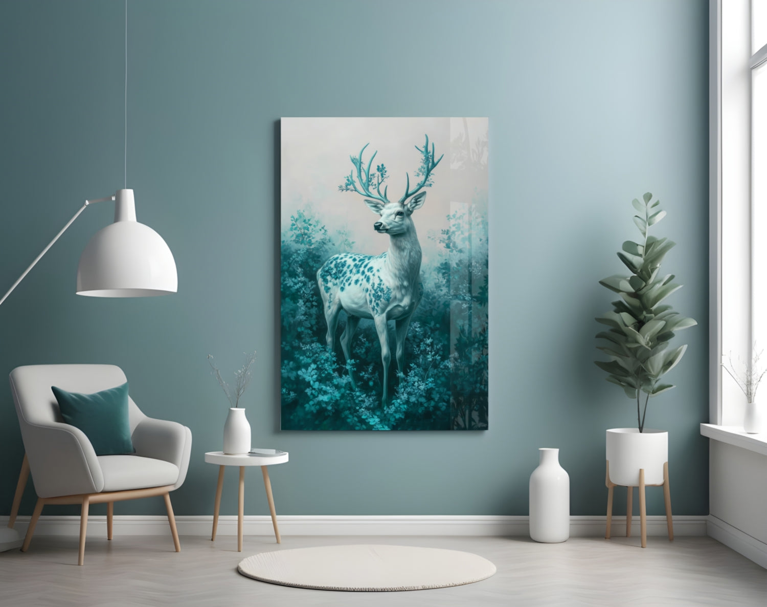 Mint Deer Glass Wall Art displayed on a teal bedroom wall above a white chair with potted plants and pendant lighting.
