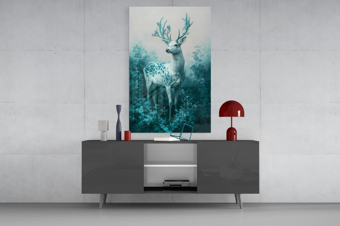Mint-toned deer glass wall art displayed above a dark gray media console with red decorative accents and a mushroom lamp.