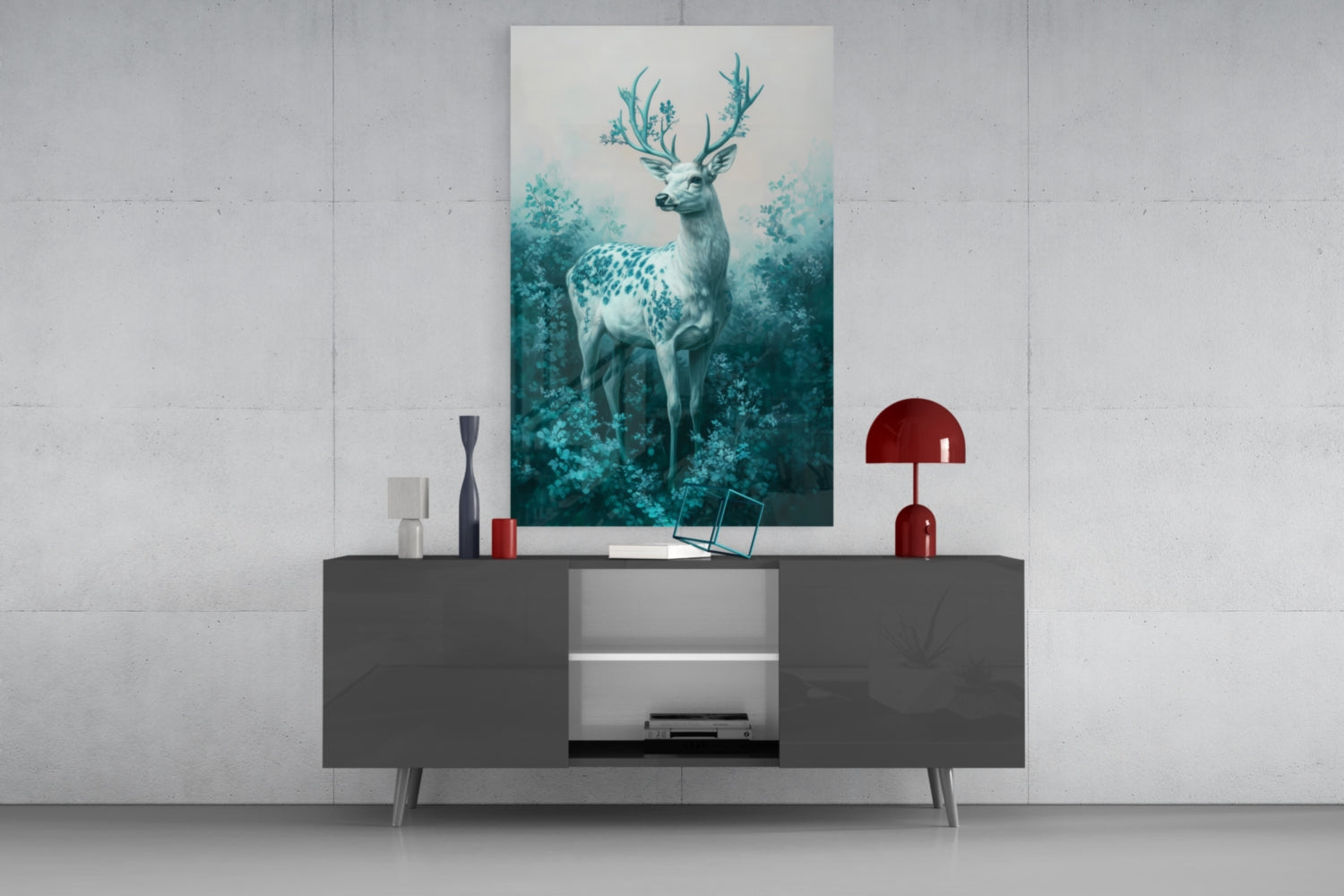 Mint-toned deer glass wall art displayed above a dark gray media console with red decorative accents and a mushroom lamp.