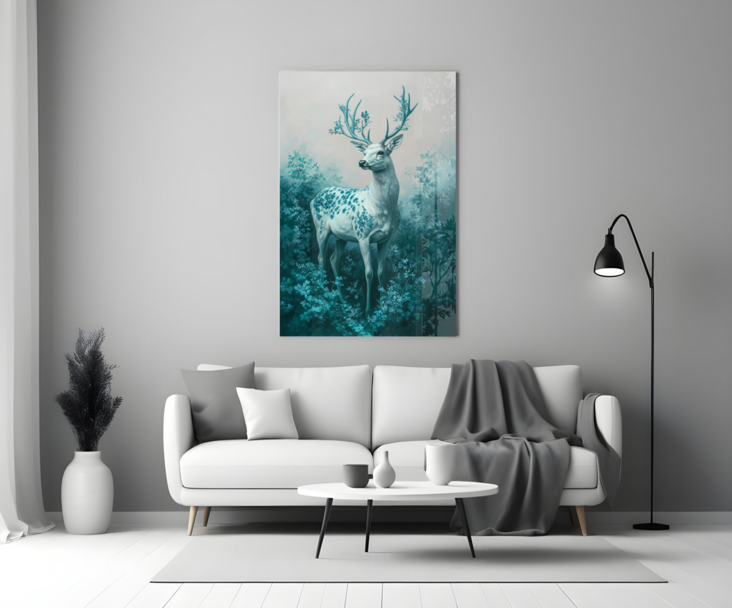 Mint Deer Glass Wall Art displayed above white sofa in modern living room with teal forest background and spotted deer.