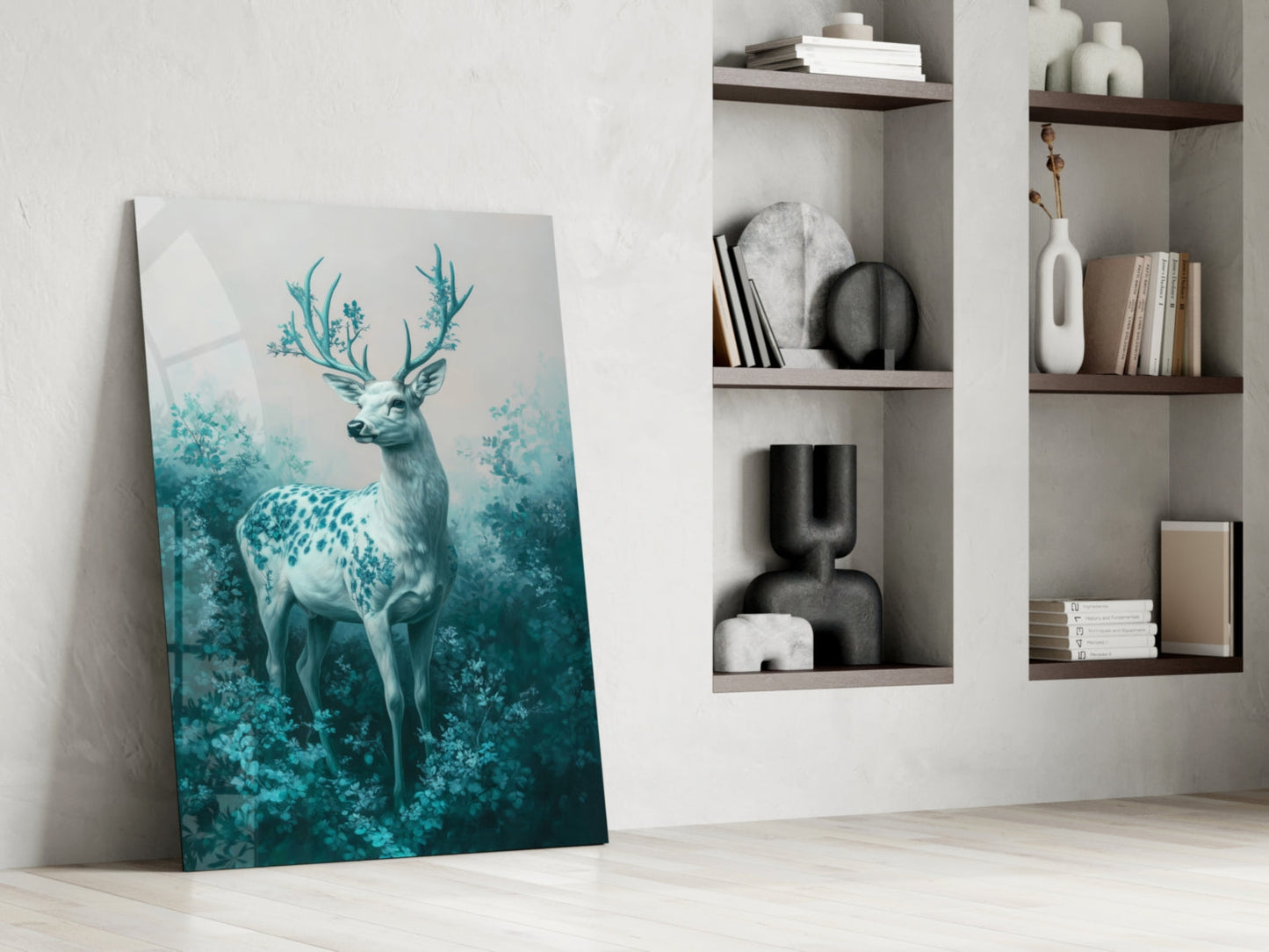 Mint Deer Glass Wall Art leaning against white wall beside shelving unit displaying books and decorative objects.