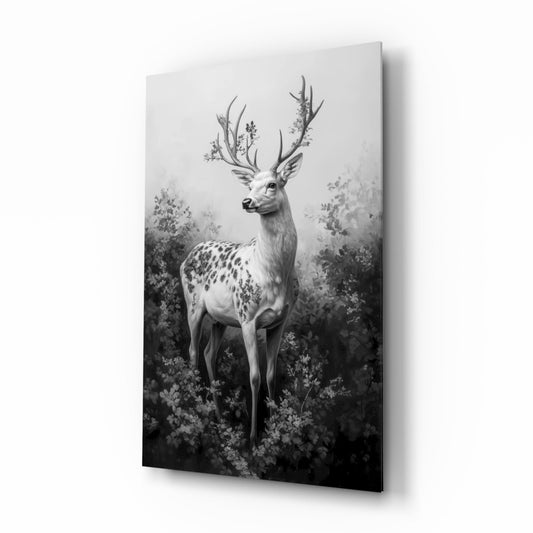 Black and white glass wall art displaying a spotted deer with antlers surrounded by foliage, shown at an angle against white background.