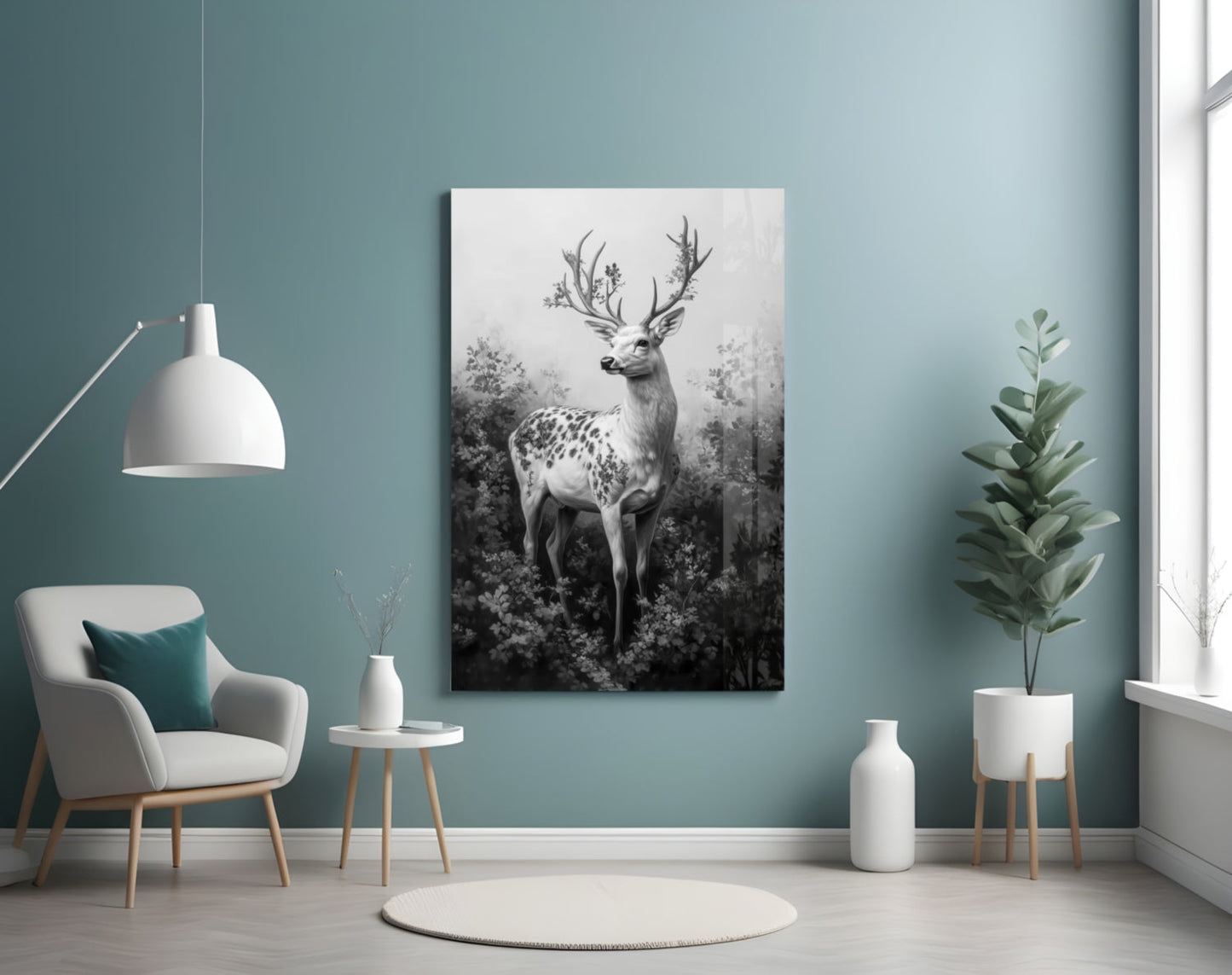 Monochrome deer canvas art displayed on teal wall above white chair in modern living room setting.
