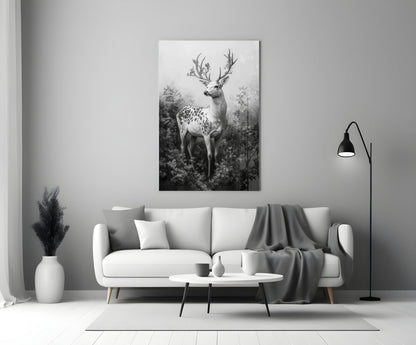 Monochrome glass wall art depicting a spotted deer with antler branches displayed above a white sofa in a minimalist interior.