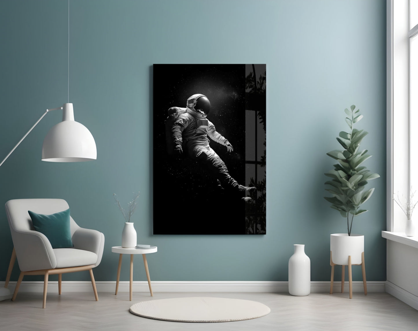 Drifting Astronaut Starry Black Space Glass Wall Art