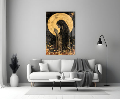 Golden Prayers of Mary glass wall art displayed above a white sofa in a modern living room interior.
