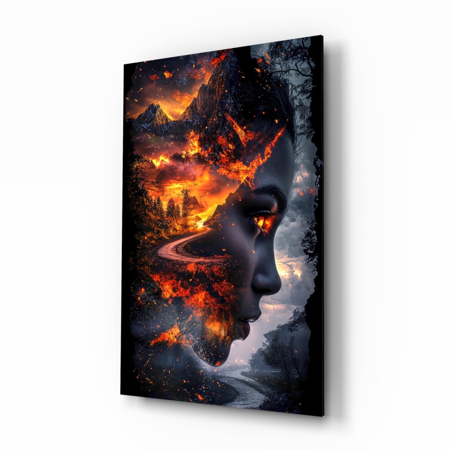 Fiery Valley Double Exposure Face Glass Wall Art