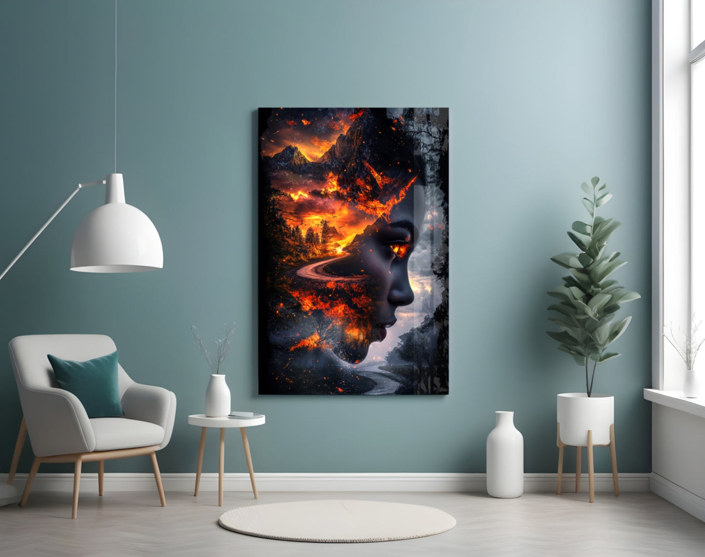 Fiery Valley Double Exposure Face Glass Wall Art