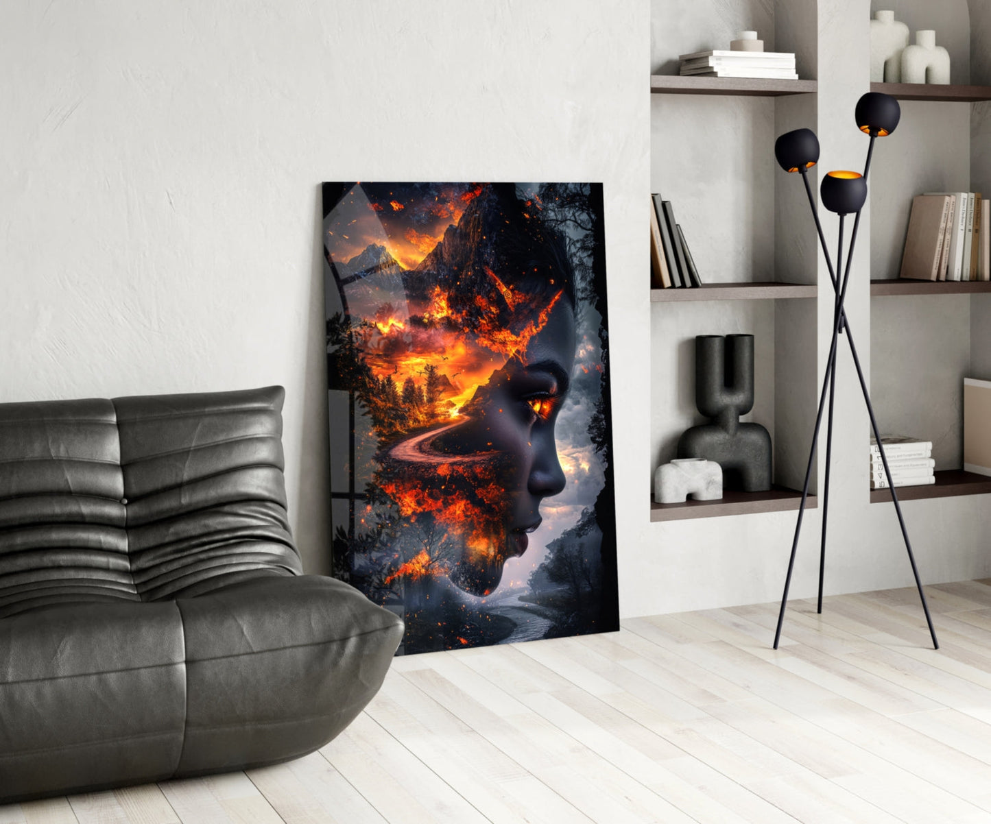 Fiery Valley Double Exposure Face Glass Wall Art