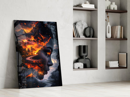 Fiery Valley Double Exposure Face Glass Wall Art