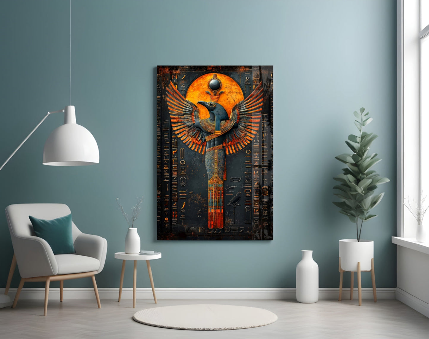 Egyptian winged deity glass wall art with orange and gold bird wings against dark background, displayed in modern room with teal walls and white furnishings.