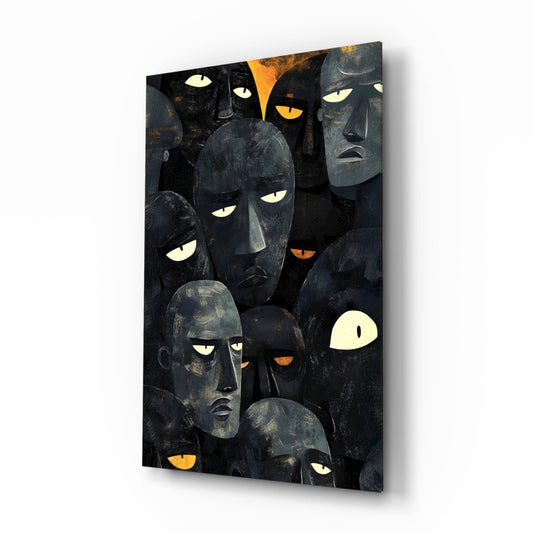 Dark glass panel displaying multiple stylized black faces with glowing cream and orange eyes against black background, angled perspective view.
