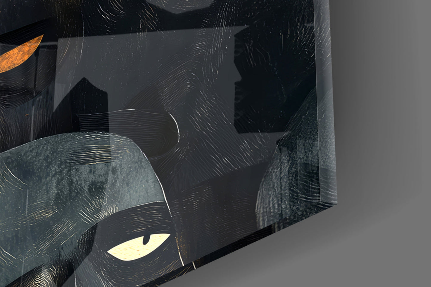 Close-up angled view of glass wall art featuring a black cat's face with luminous yellow eye against dark cityscape background.