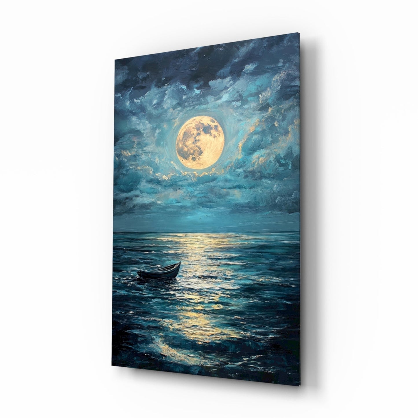 Glass wall art panel displaying a solitary boat on moonlit ocean waters beneath a large golden full moon surrounded by blue clouds.