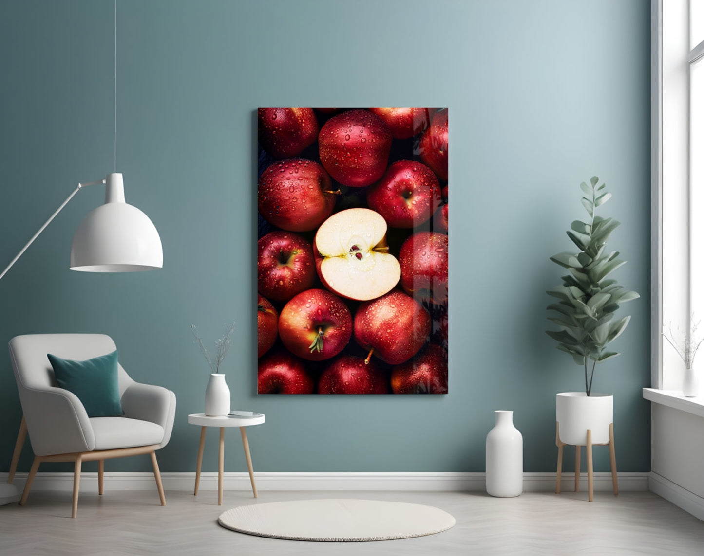 Red apples with a sliced apple center displayed on glass wall art in a modern interior setting with teal walls and white furniture.