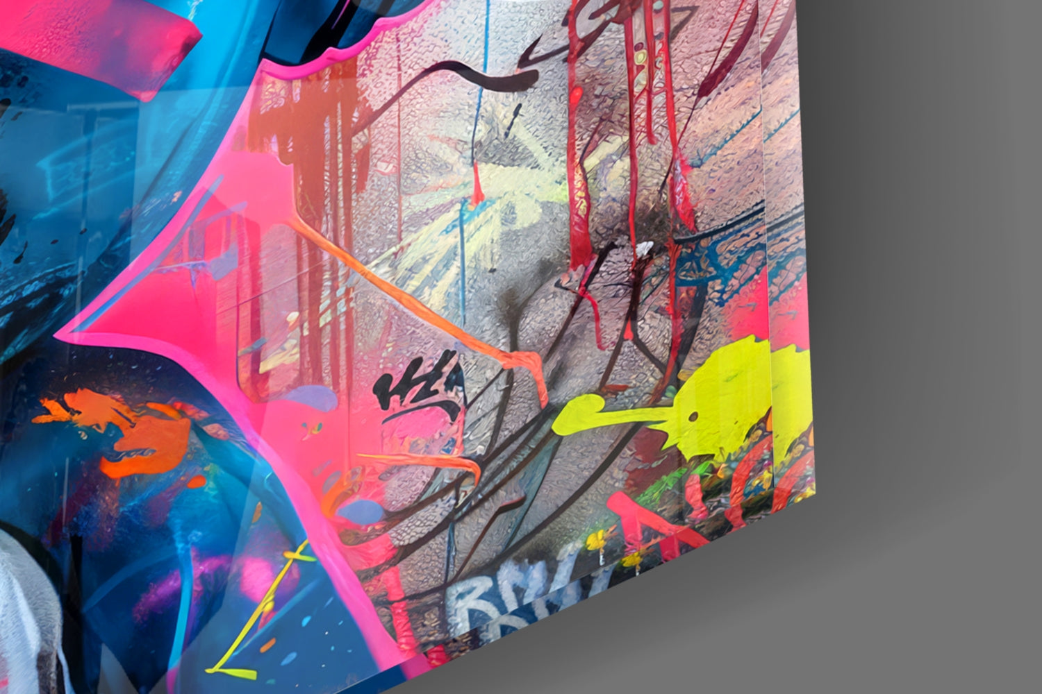 Angled close-up of colorful graffiti glass art featuring neon pink, yellow, and blue painted rabbit design with black line work and red rope details.