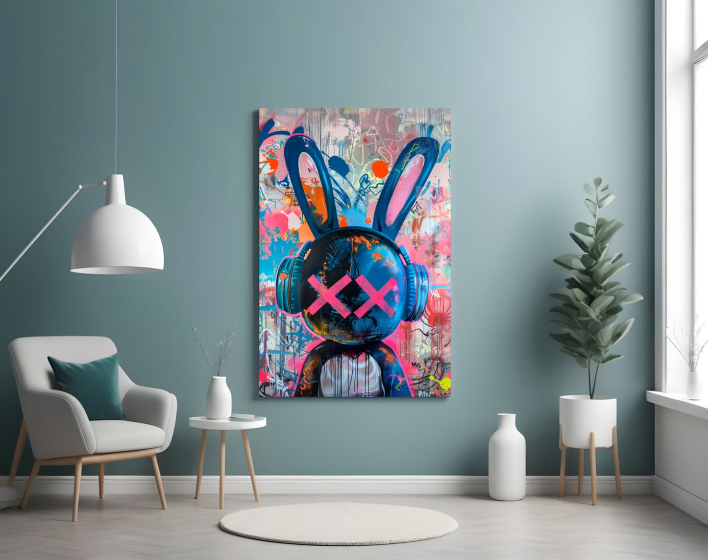 Colorful street art rabbit with pink X eyes and blue ears hangs on teal wall above cream chair in minimalist room.
