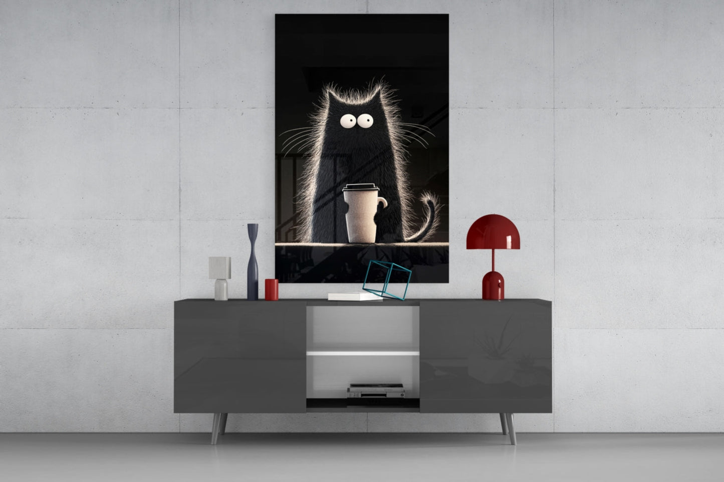 Black cat with wide eyes holding coffee cup glass wall art displayed above gray media console in modern interior setting.
