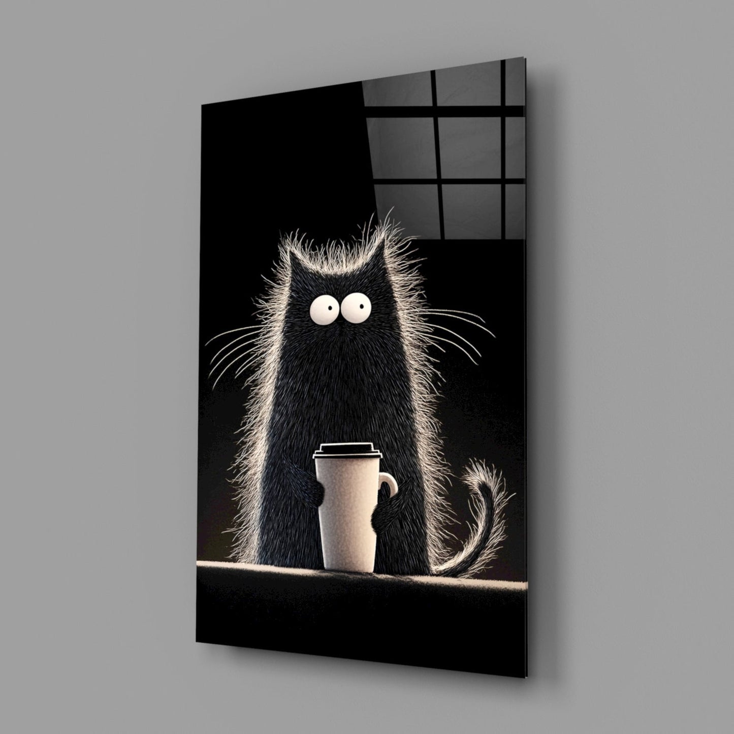 Black fluffy cat with wide eyes holding white coffee cup against dark background on angled glass panel with gridded window.