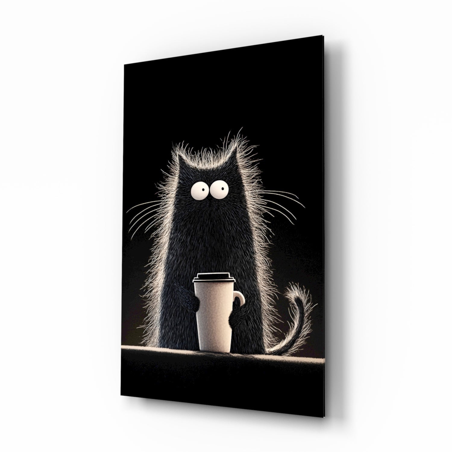 Black glass wall art panel displaying a fluffy black cat with wide eyes holding a white coffee cup against dark background.