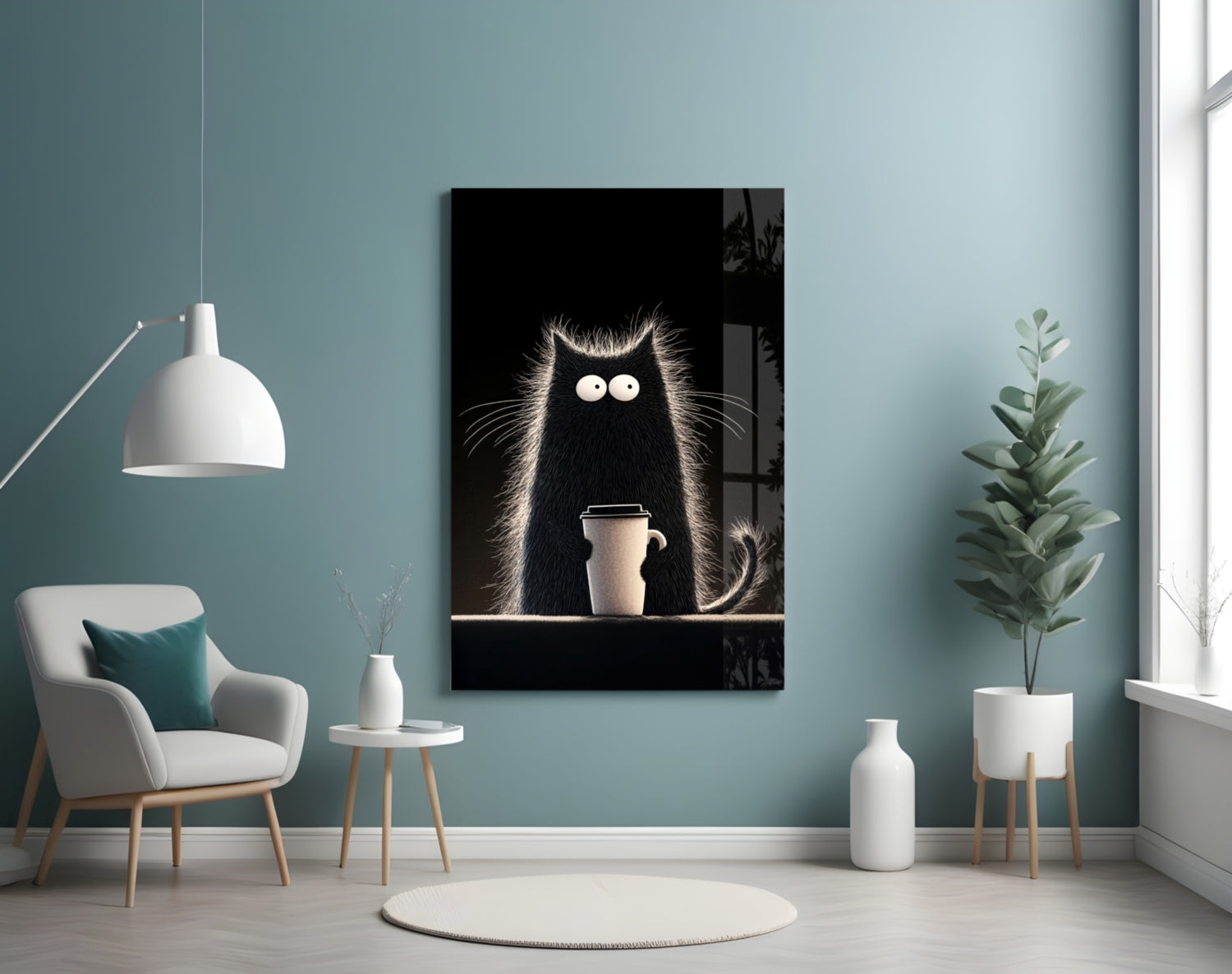 Black cat with wide eyes holding coffee cup on dark background, displayed on wall in modern teal room with furniture.