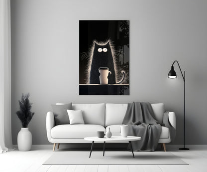 Black cat glass wall art with large white eyes holding coffee cup, displayed above white sofa in minimalist living room.
