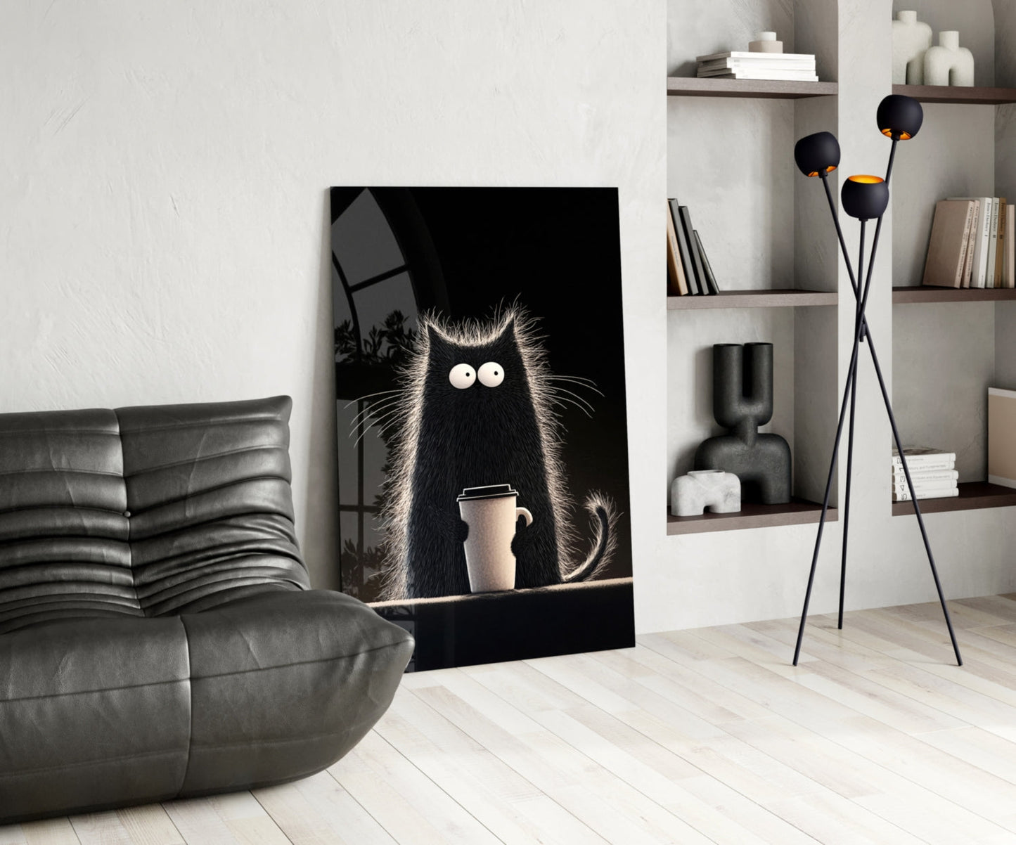 Black glass wall art featuring a fluffy black cat with wide eyes holding a coffee cup, displayed in a modern living room setting.