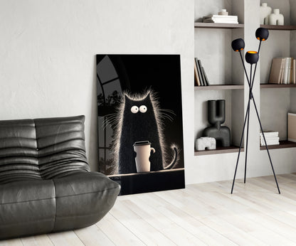 Black glass wall art featuring a fluffy black cat with wide eyes holding a coffee cup, displayed in a modern living room setting.
