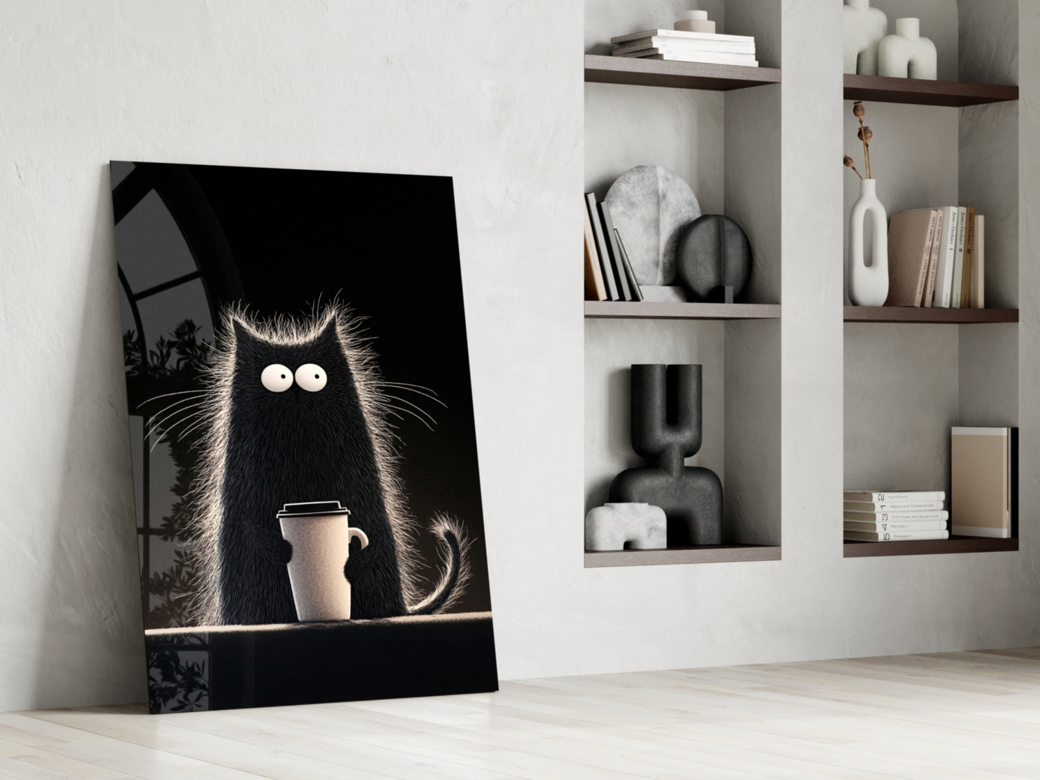 Black glass wall art featuring a fluffy cat with large eyes holding a coffee cup, leaning against white wall with wooden shelves.