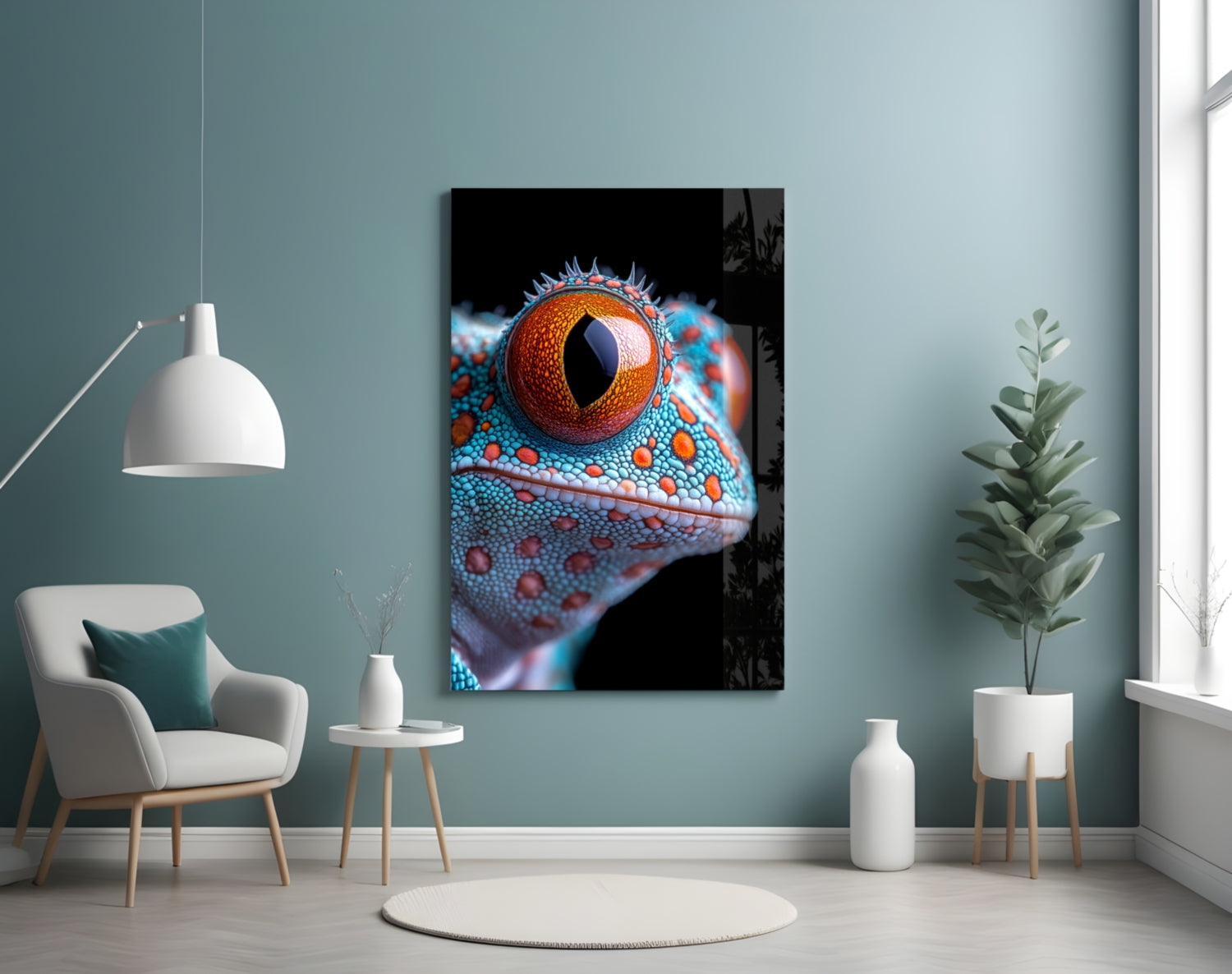 Framed glass wall art displaying a close-up of a reptile's eye with orange iris and blue textured scales against black background, mounted in modern living room.