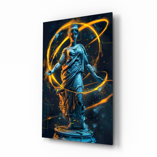Blue neoclassical statue with gold neon orbital rings on dark background, displayed at angled perspective showing glass panel depth.