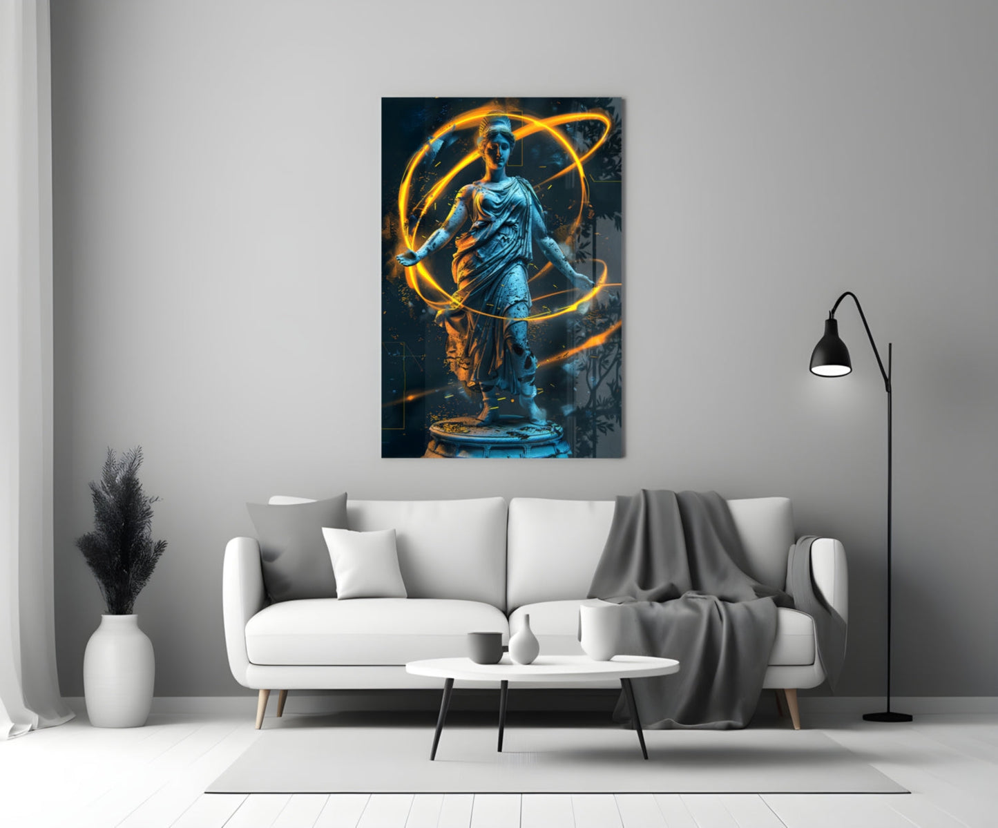 Blue Goddess Statue Gold Neon Rings Glass Wall Art