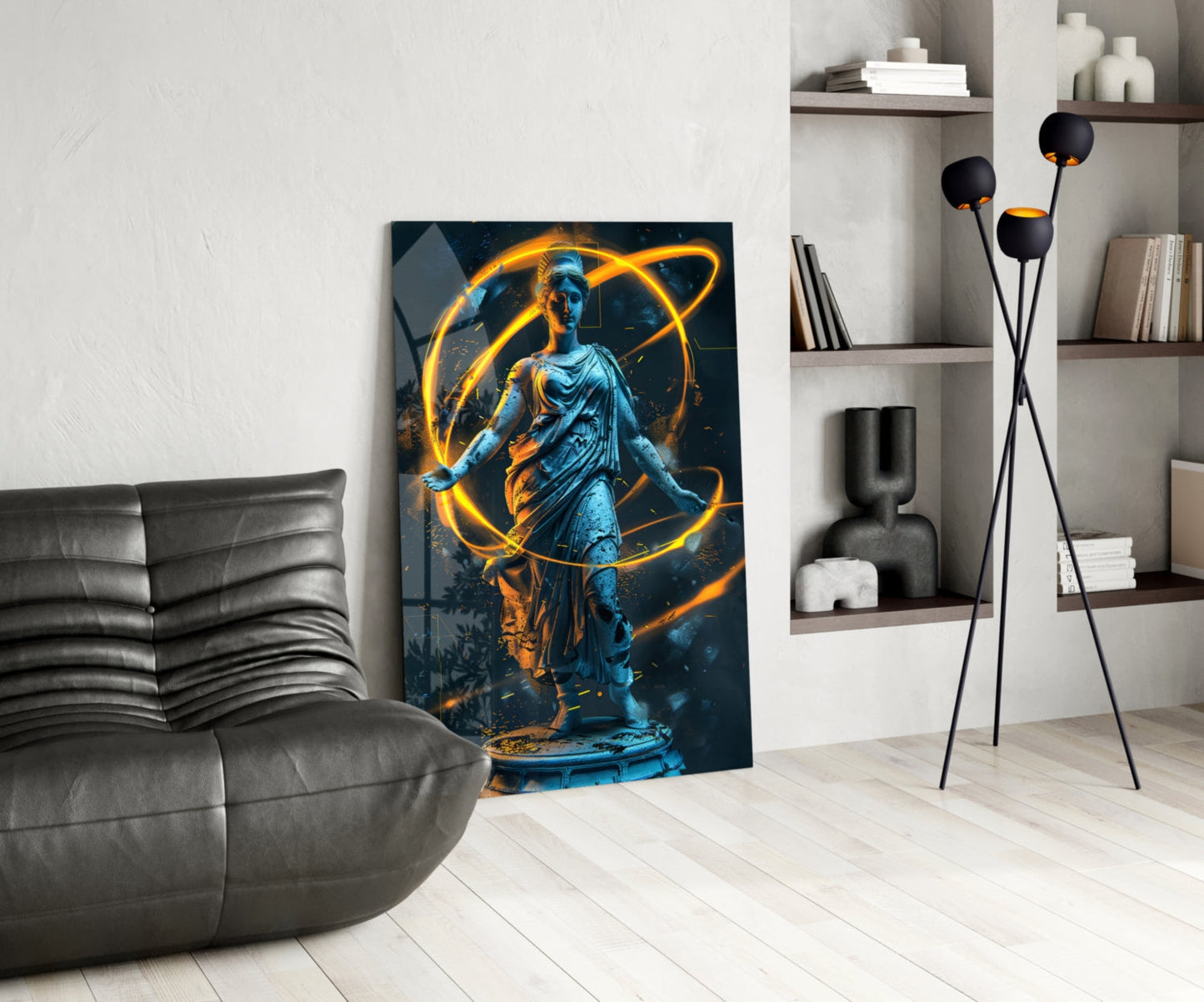 Blue Goddess Statue Gold Neon Rings Glass Wall Art