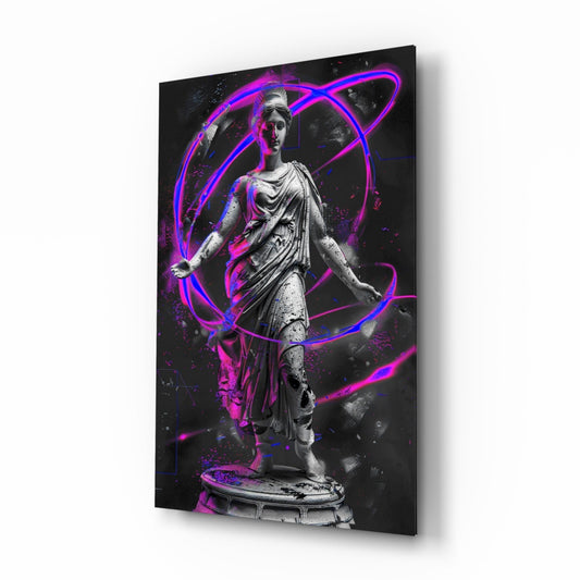 Angled side view of glass wall art featuring grayscale classical statue with magenta and blue neon orbital lines on black background.