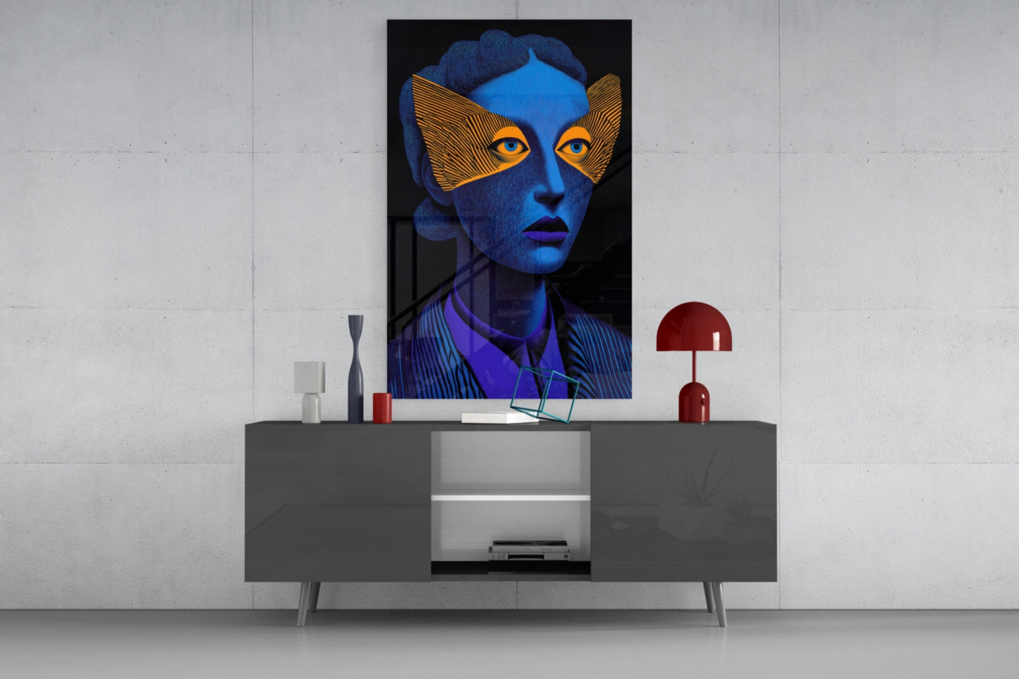 Blue Portrait Orange Geometric Eye Mask Glass Wall Art