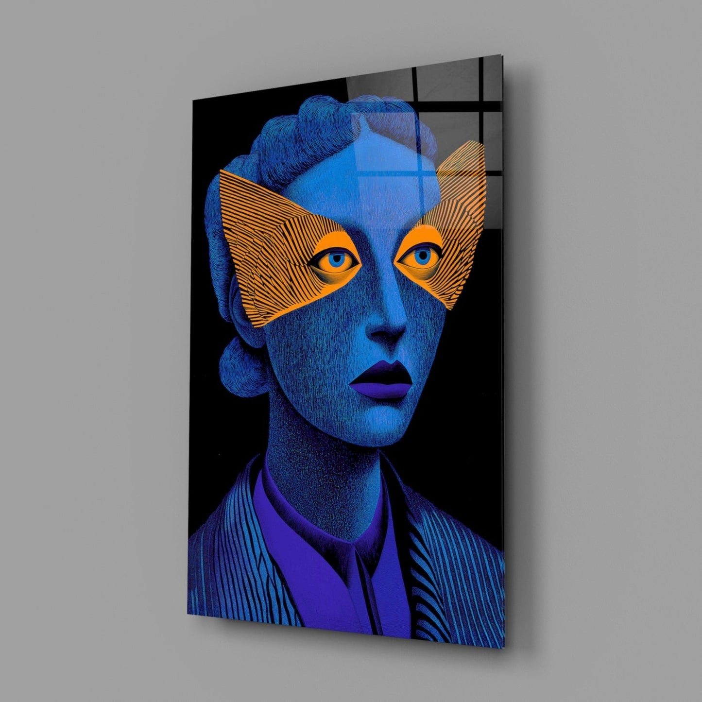 Blue Portrait Orange Geometric Eye Mask Glass Wall Art