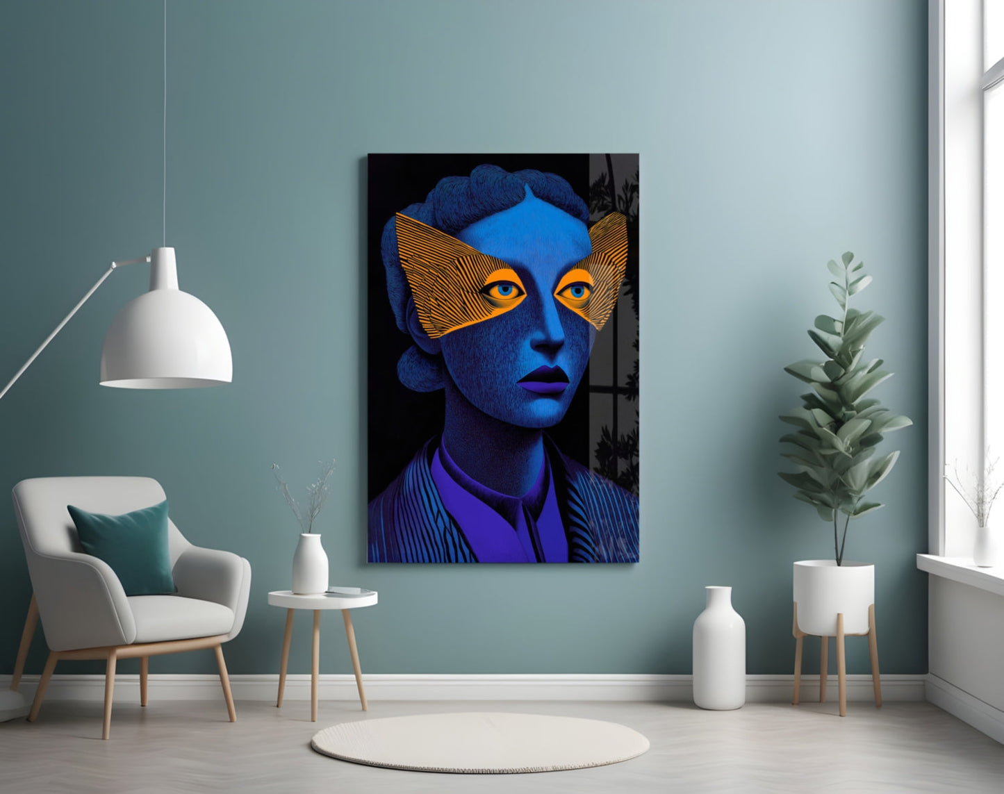 Blue Portrait Orange Geometric Eye Mask Glass Wall Art