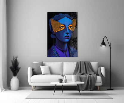 Blue Portrait Orange Geometric Eye Mask Glass Wall Art