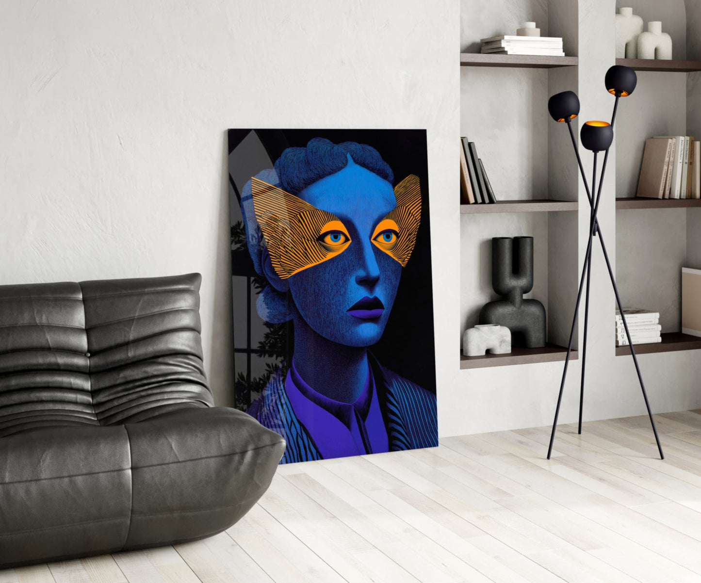 Blue Portrait Orange Geometric Eye Mask Glass Wall Art
