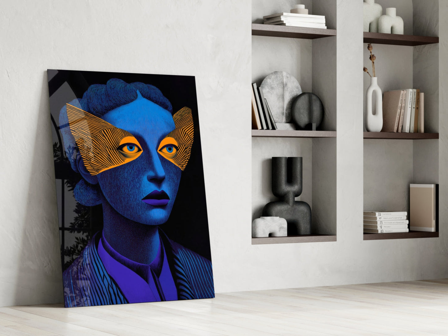 Blue Portrait Orange Geometric Eye Mask Glass Wall Art