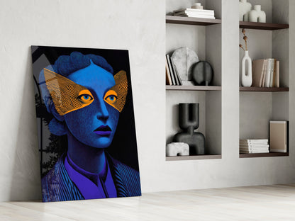 Blue Portrait Orange Geometric Eye Mask Glass Wall Art