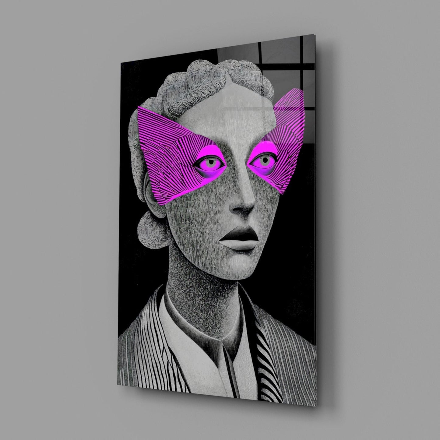 Grayscale Portrait Magenta Eye Mask Glass Wall Art
