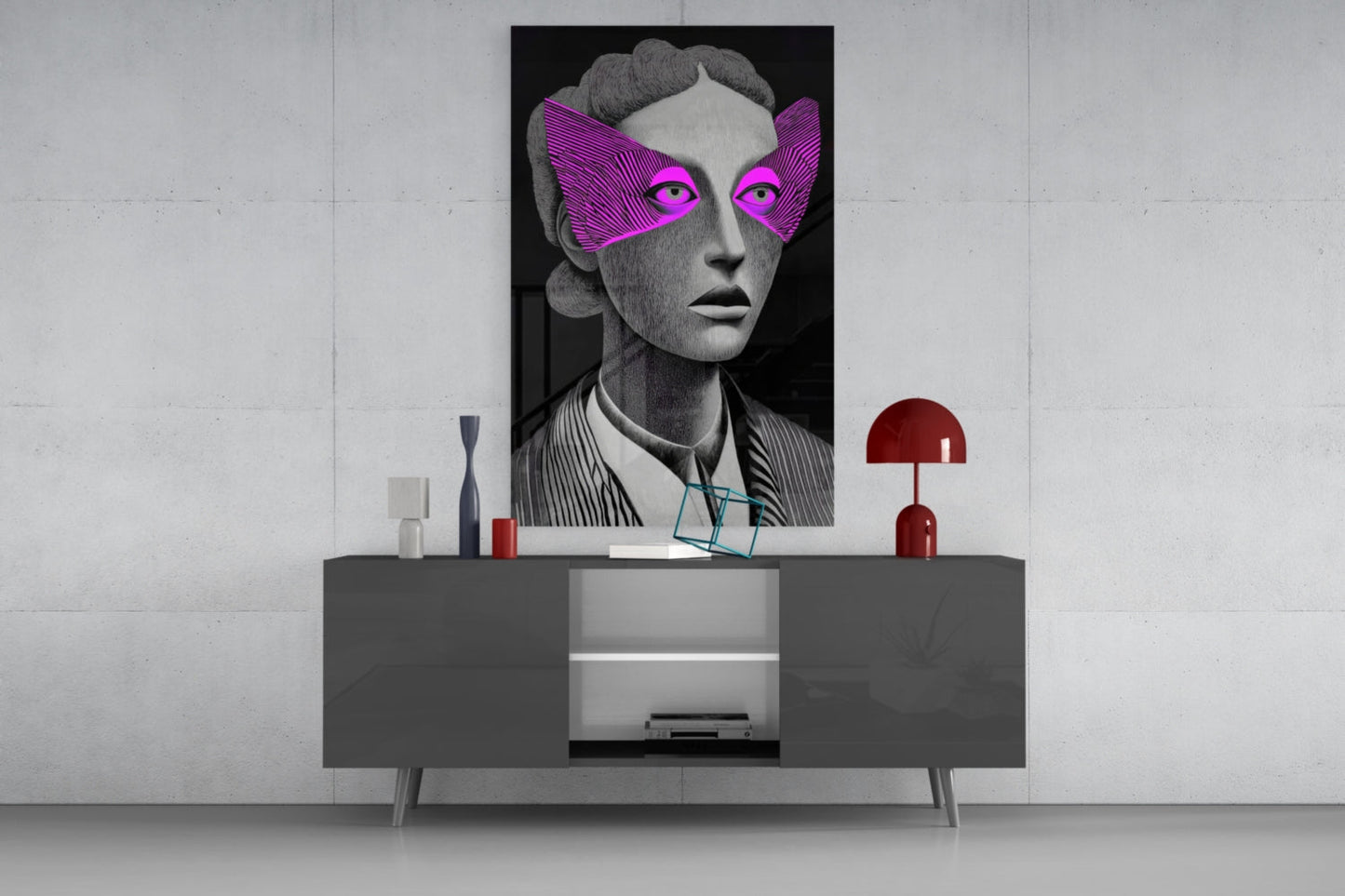Grayscale Portrait Magenta Eye Mask Glass Wall Art